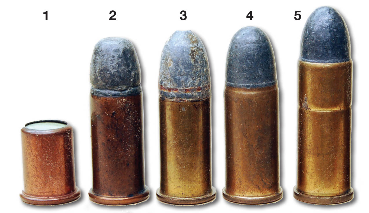 Cartridges leading up to the .44 Special include the (1) .44 Henry blank,  (2) .44 Henry, (3) .44 S&W American, (4) .44 Russian and the (5) .44 Special.